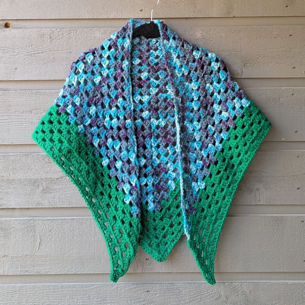 Handmade Colorful Crochet Triangle Shawl Green Aqua Purple Gray